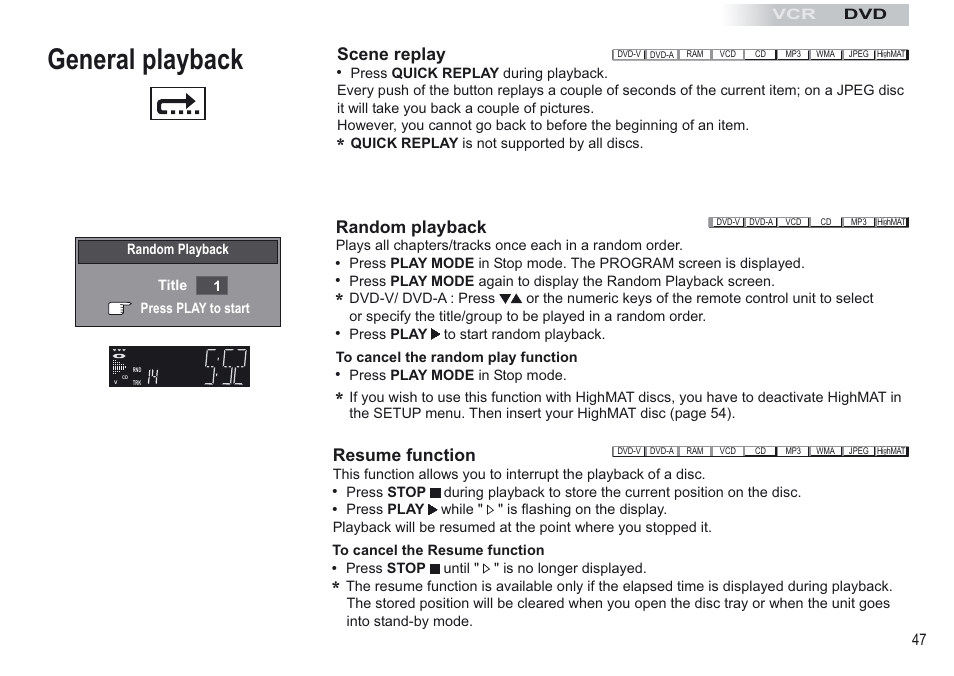 General playback, Scene replay, Resume function | Random playback | Panasonic NV-VP30EBL User Manual | Page 47 / 64