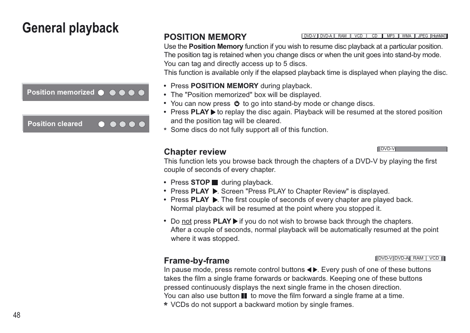 General playback, Chapter review, Frame-by-frame | Panasonic NV-VP30EBL User Manual | Page 48 / 64