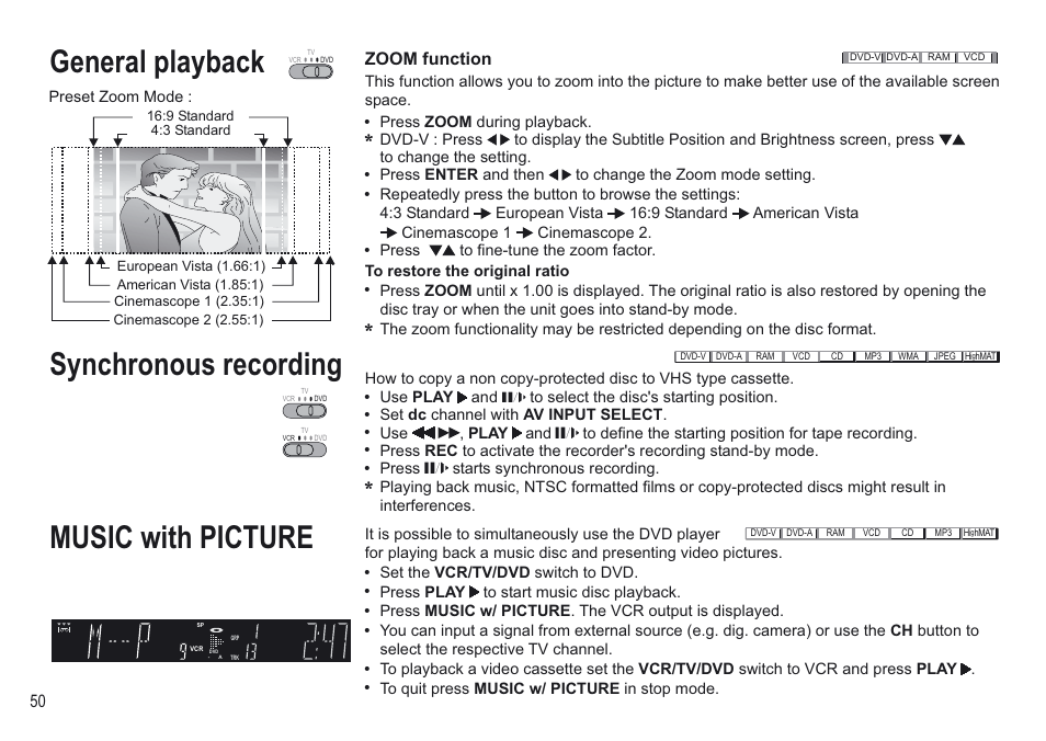 General playback, Music with picture, Synchronous recording | Zoom function | Panasonic NV-VP30EBL User Manual | Page 50 / 64