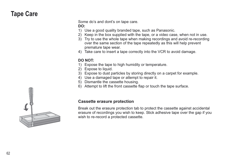 Tape care | Panasonic NV-VP30EBL User Manual | Page 62 / 64