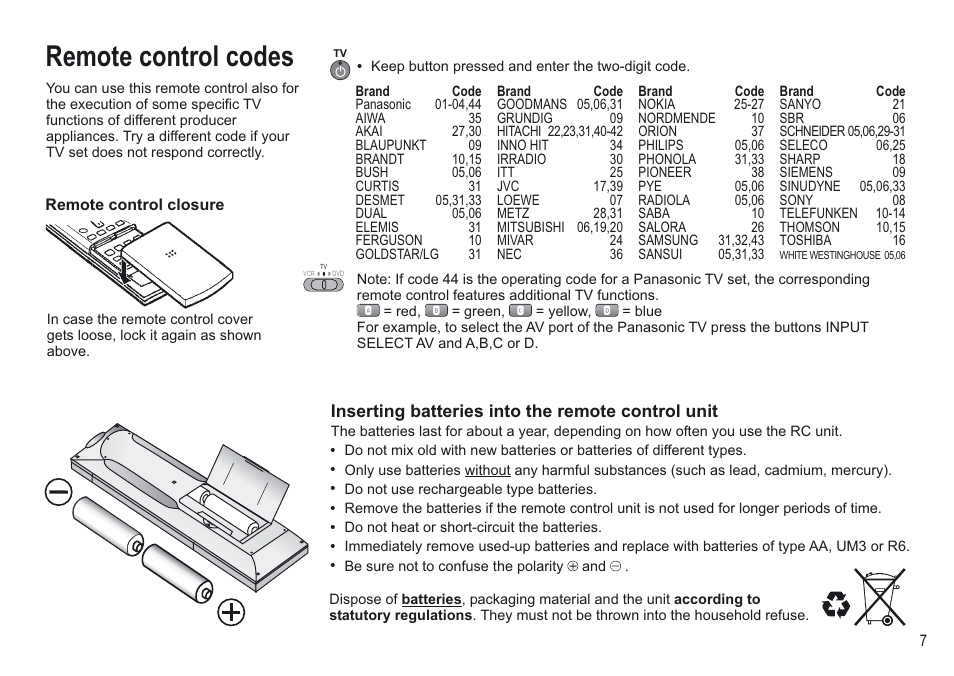 Remote control codes | Panasonic NV-VP30EBL User Manual | Page 7 / 64