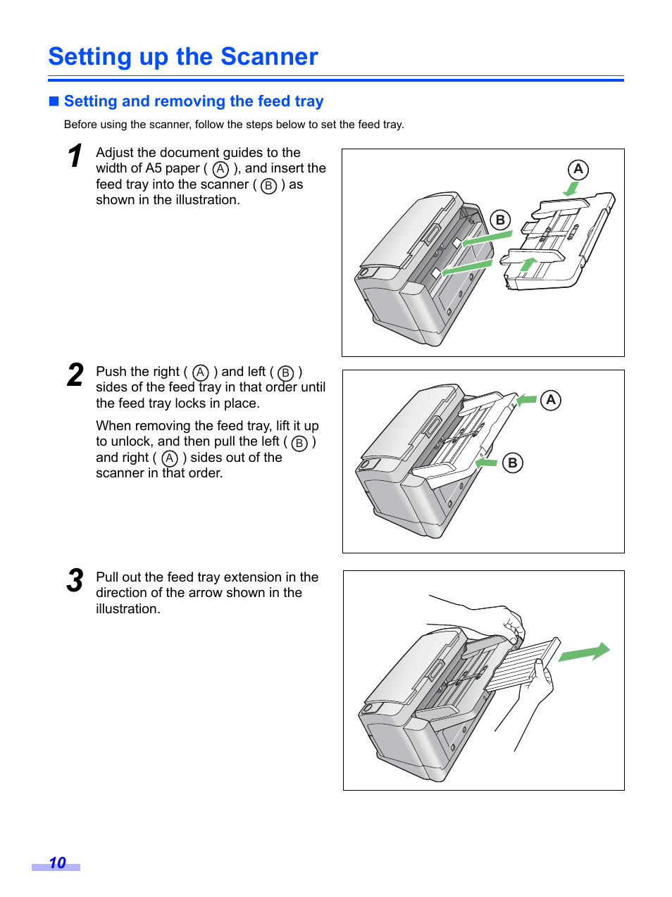 Setting up the scanner, Setting and removing the feed tray | Panasonic KV-S1020C User Manual | Page 10 / 46