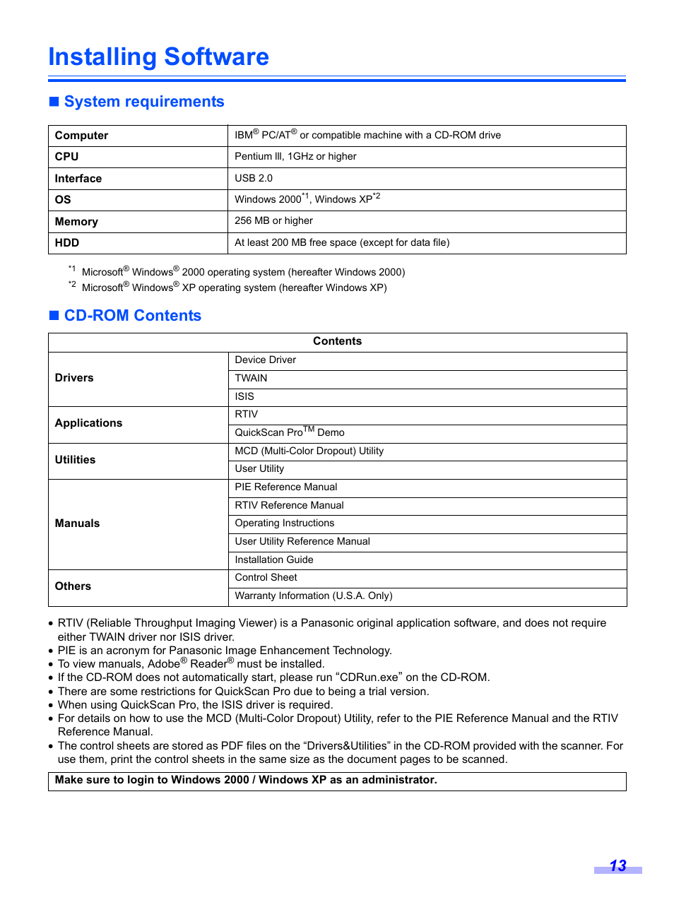 Installing software, System requirements, Cd-rom contents | Panasonic KV-S1020C User Manual | Page 13 / 46