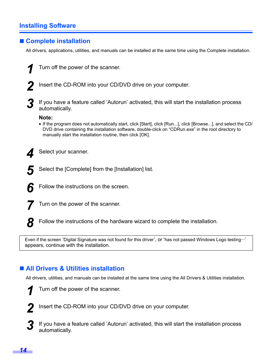 Complete installation, All drivers & utilities installation | Panasonic KV-S1020C User Manual | Page 14 / 46