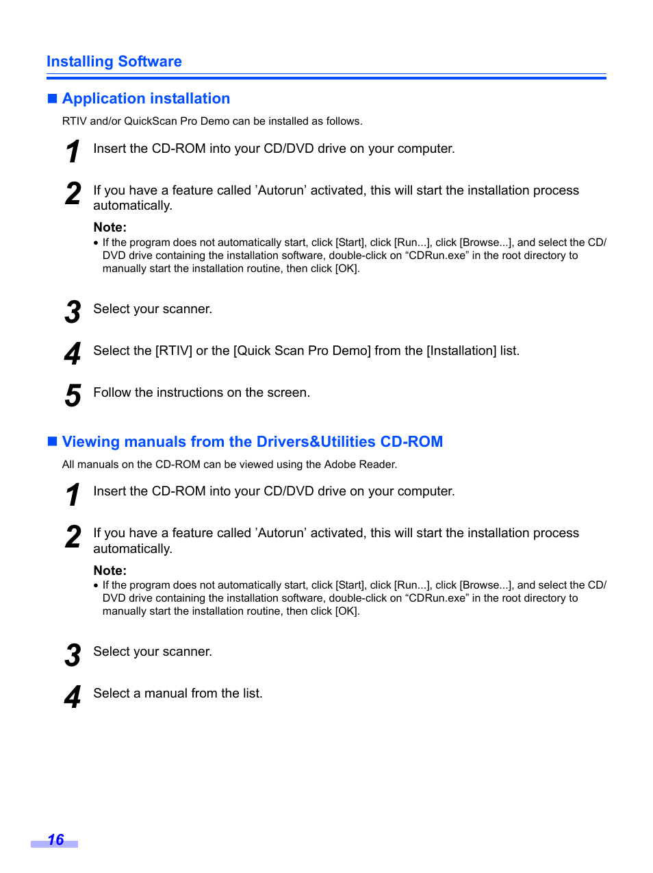 Application installation, Viewing manuals from the drivers&utilities cd-rom | Panasonic KV-S1020C User Manual | Page 16 / 46