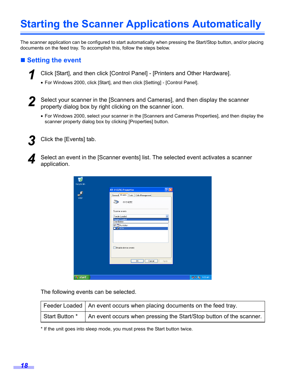 Starting the scanner applications automatically, Setting the event | Panasonic KV-S1020C User Manual | Page 18 / 46