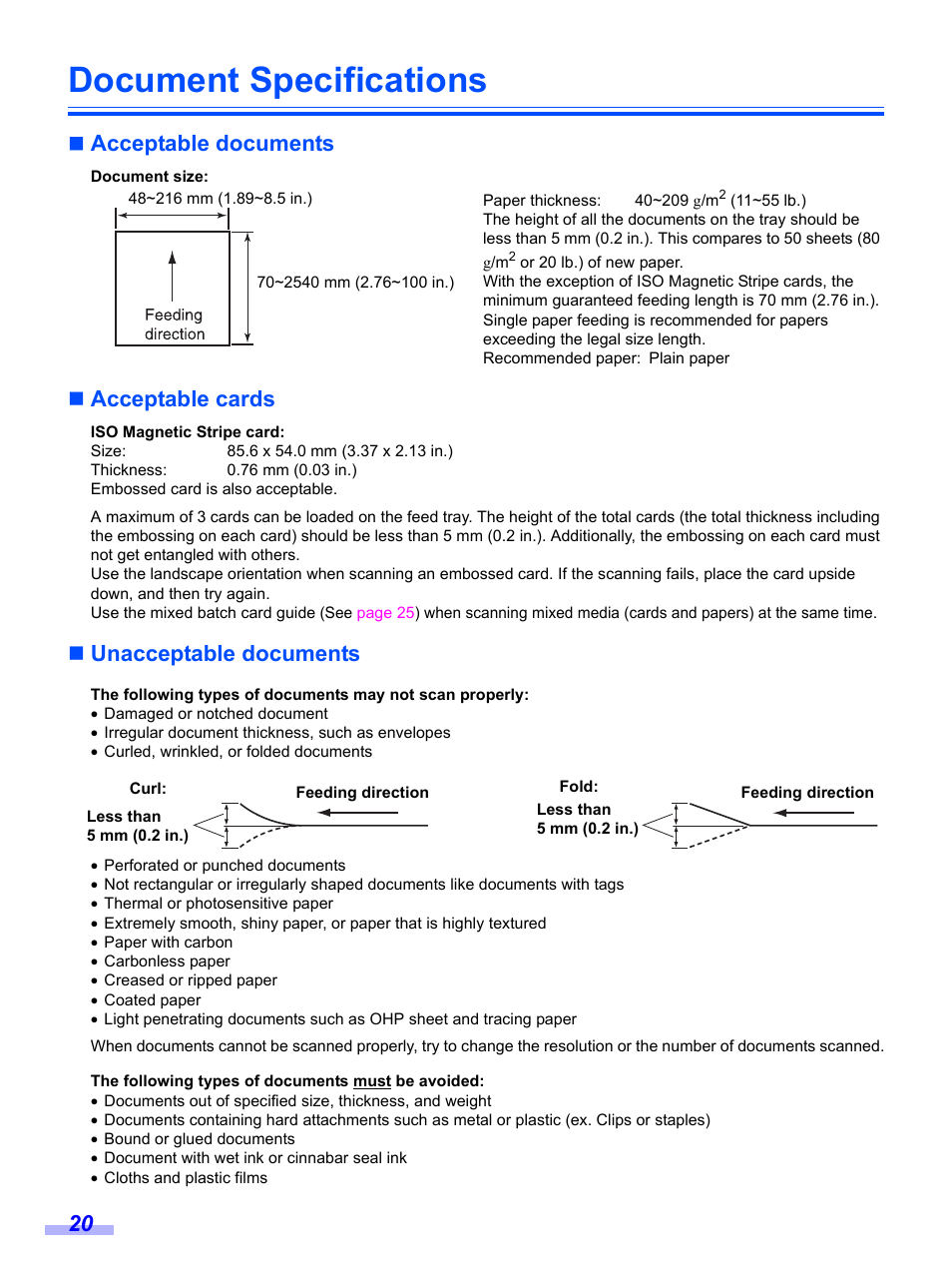 Document specifications, Acceptable documents, Acceptable cards | Unacceptable documents | Panasonic KV-S1020C User Manual | Page 20 / 46