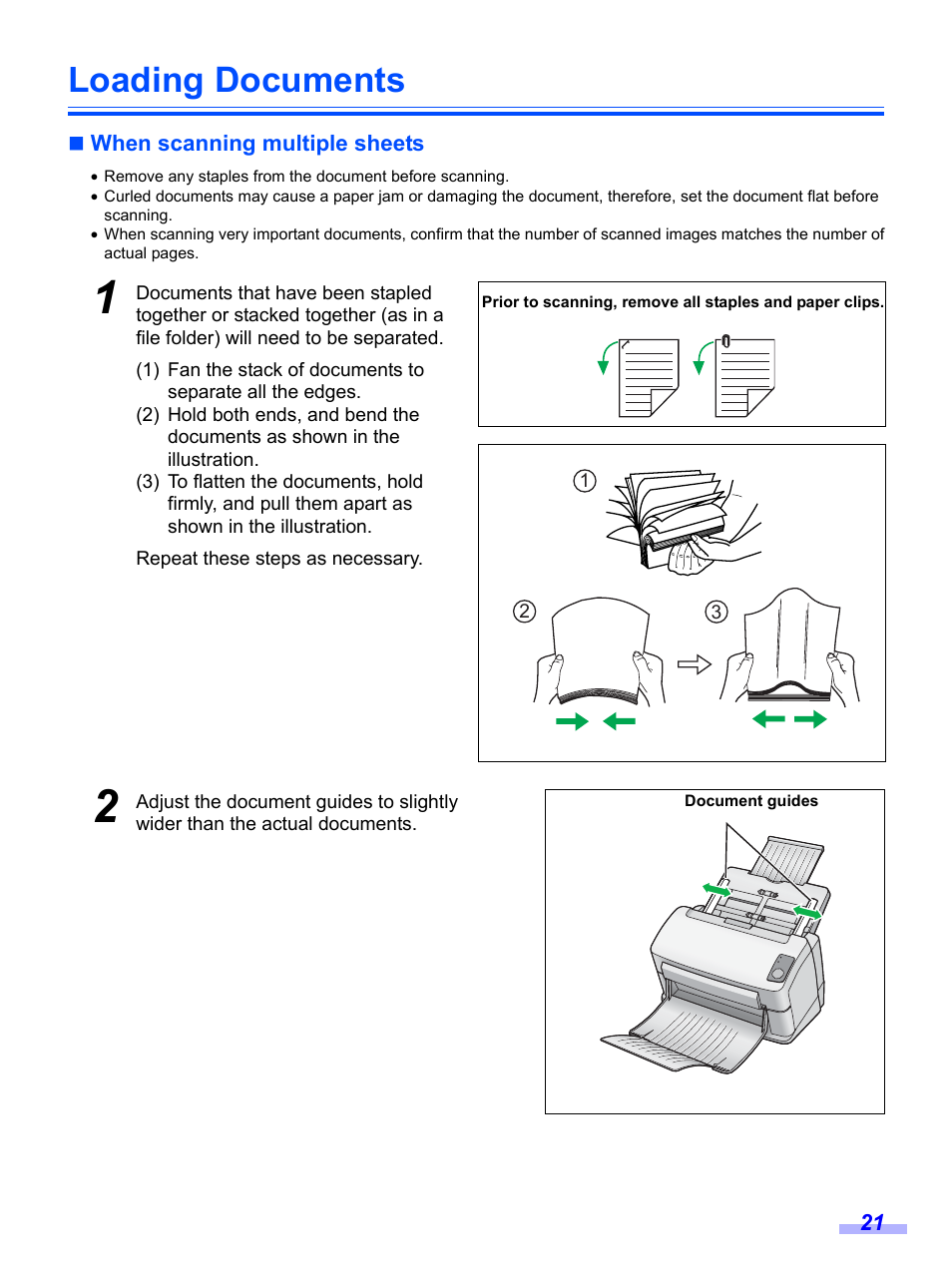 Loading documents, When scanning multiple sheets | Panasonic KV-S1020C User Manual | Page 21 / 46