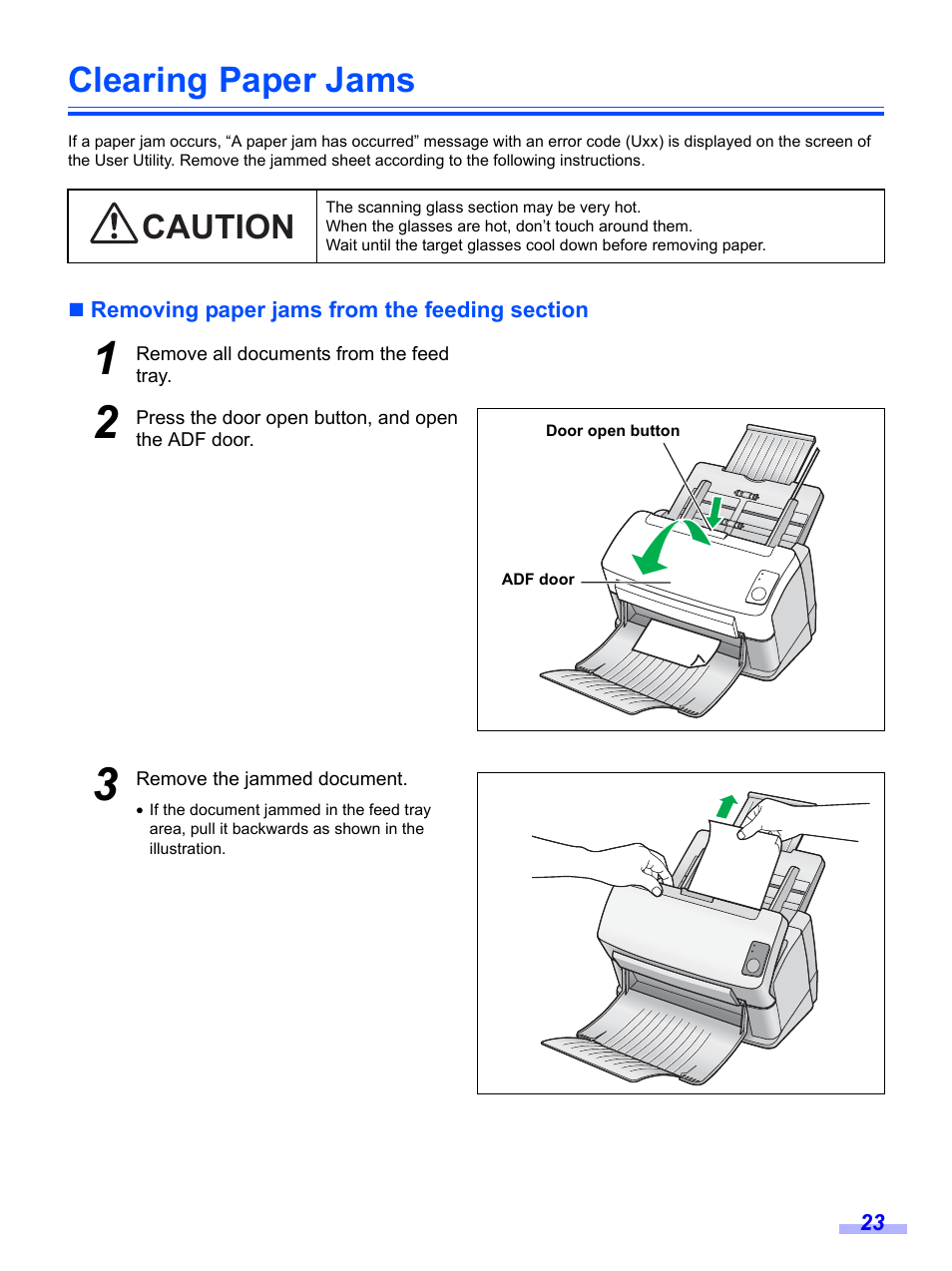 Clearing paper jams, Removing paper jams from the feeding section, Caution | Panasonic KV-S1020C User Manual | Page 23 / 46