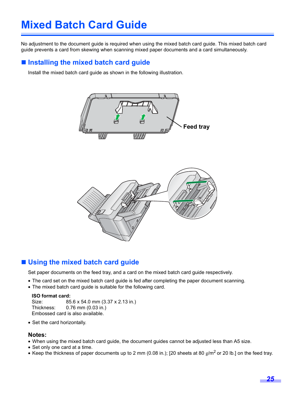 Mixed batch card guide, Installing the mixed batch card guide, Using the mixed batch card guide | Panasonic KV-S1020C User Manual | Page 25 / 46