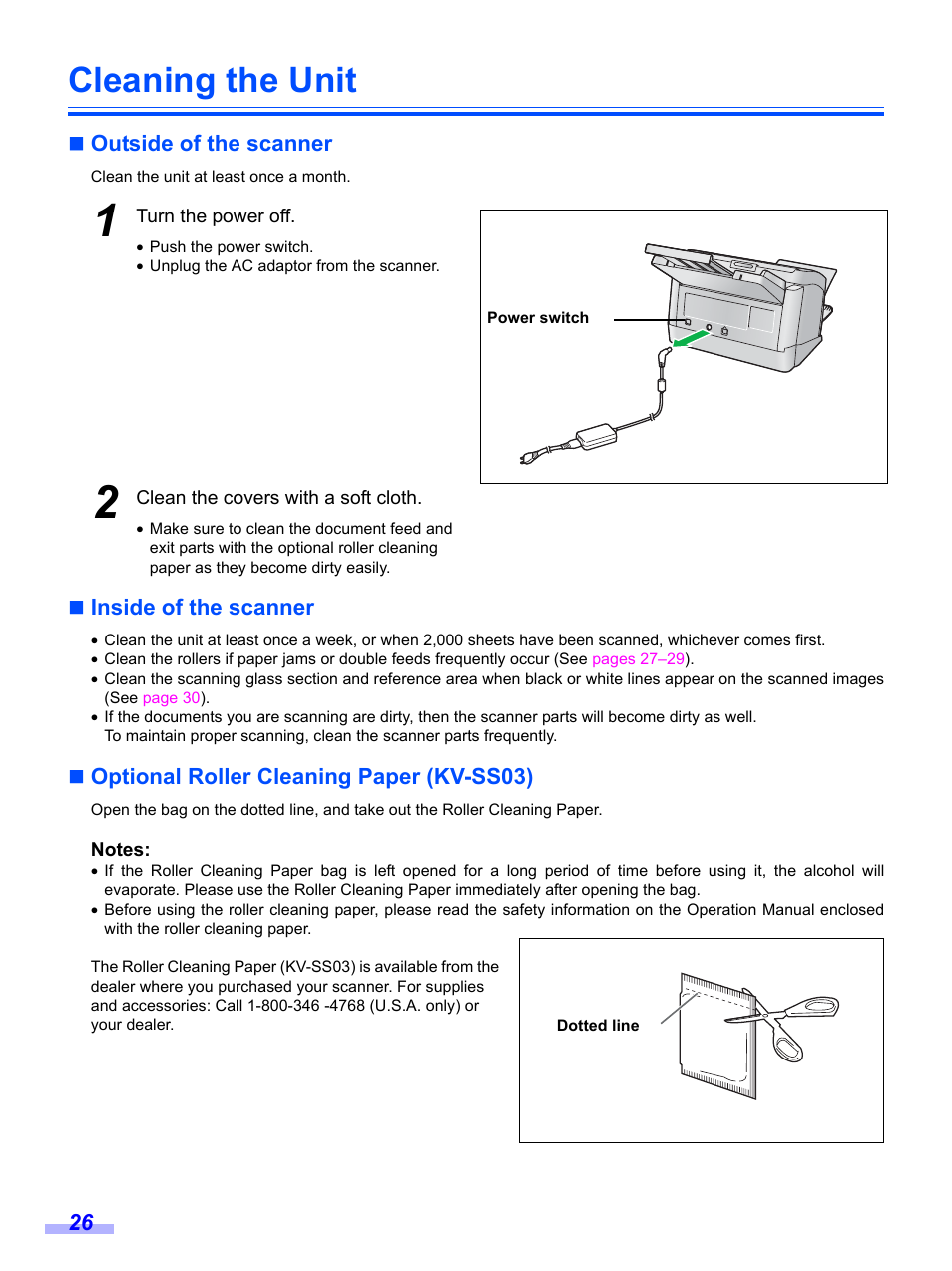 Cleaning the unit, Outside of the scanner, Inside of the scanner | Optional roller cleaning paper (kv-ss03) | Panasonic KV-S1020C User Manual | Page 26 / 46