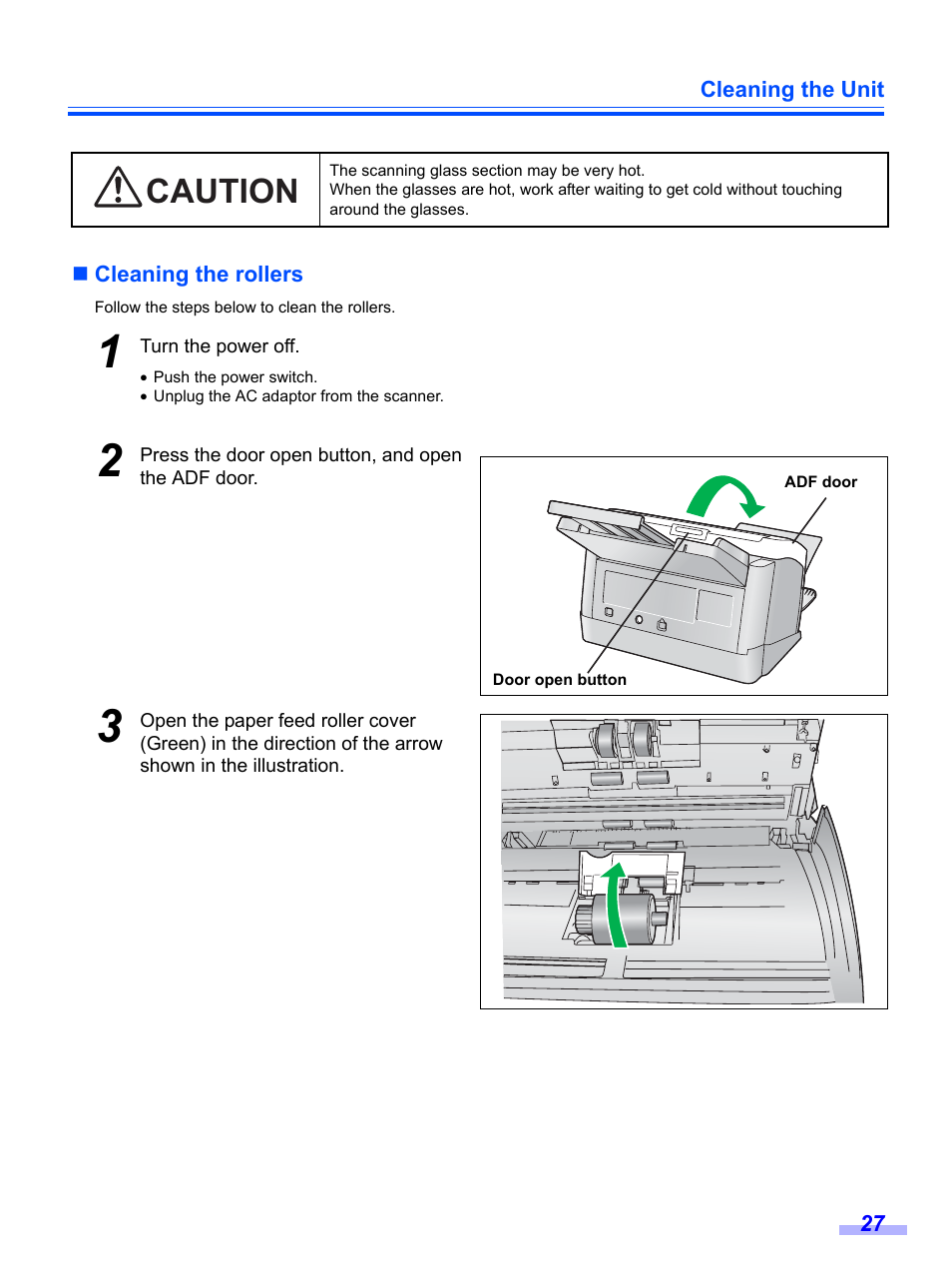 Cleaning the rollers, Caution | Panasonic KV-S1020C User Manual | Page 27 / 46