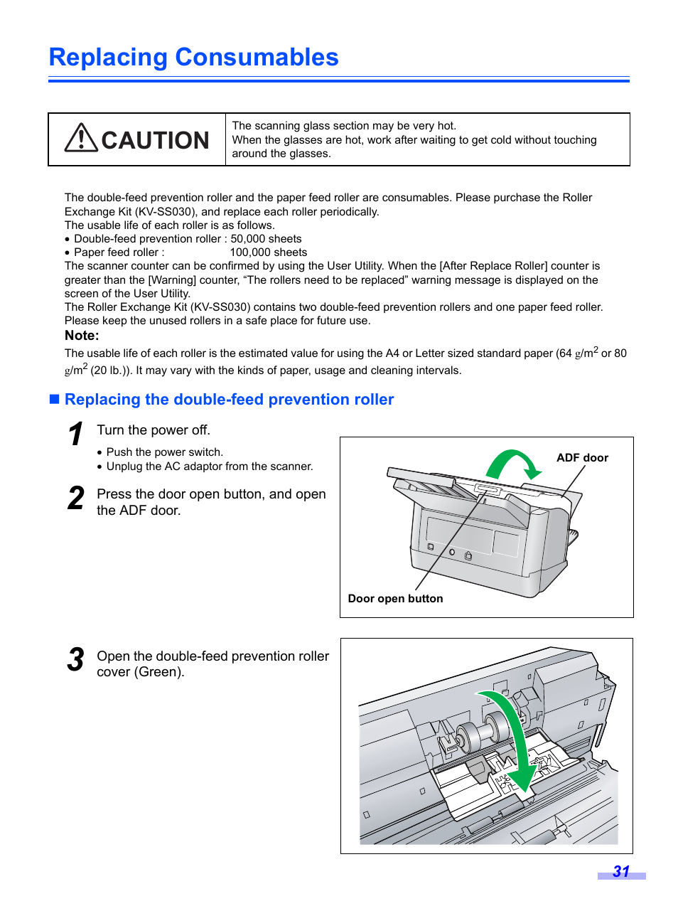 Replacing consumables, Replacing the double-feed prevention roller, Caution | Panasonic KV-S1020C User Manual | Page 31 / 46