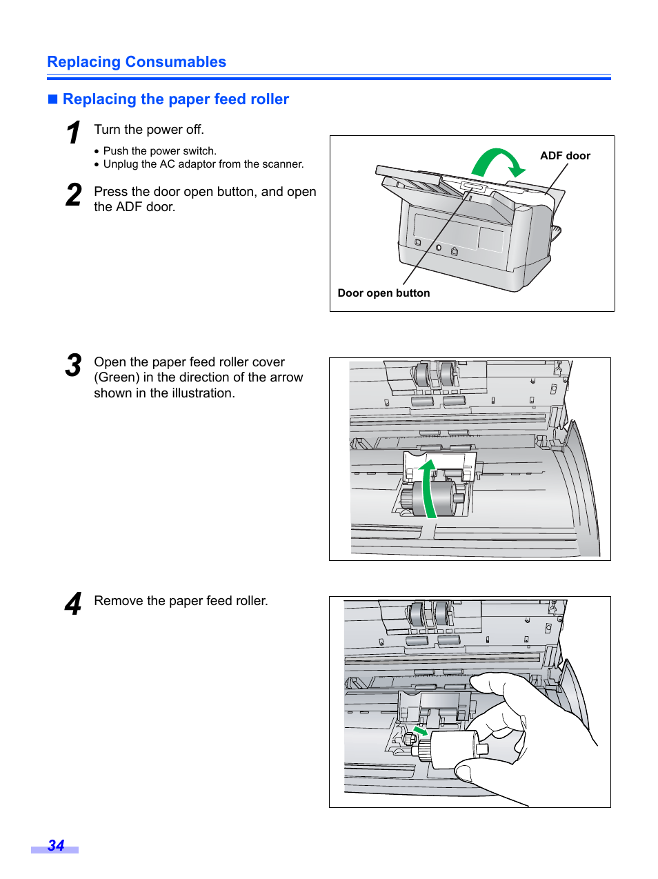 Replacing the paper feed roller | Panasonic KV-S1020C User Manual | Page 34 / 46