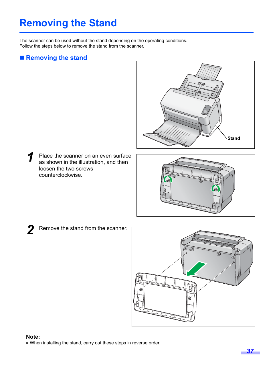 Removing the stand | Panasonic KV-S1020C User Manual | Page 37 / 46