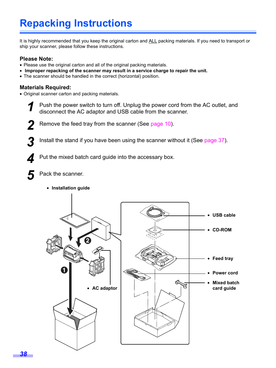 Repacking instructions | Panasonic KV-S1020C User Manual | Page 38 / 46