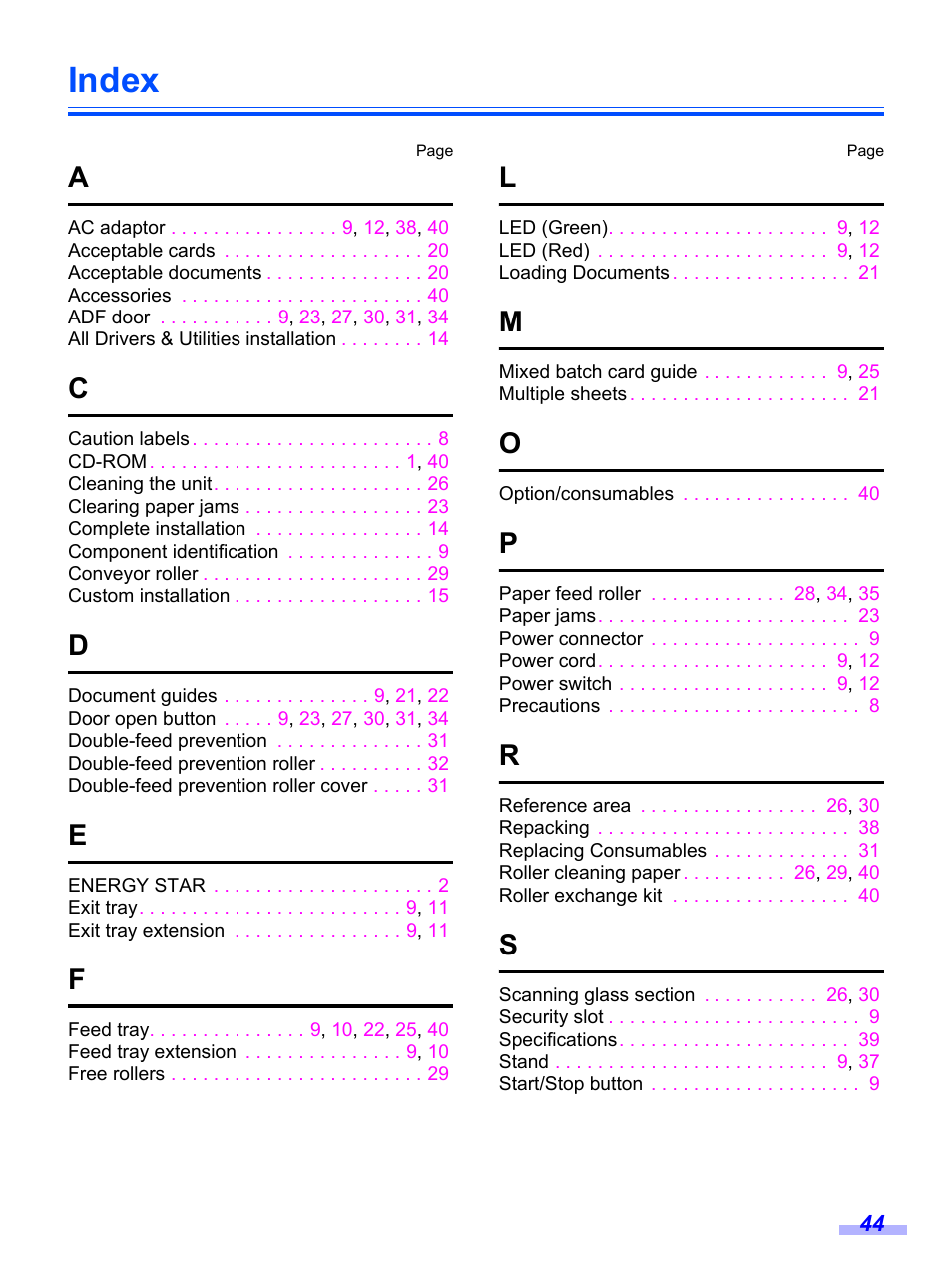 Index | Panasonic KV-S1020C User Manual | Page 44 / 46