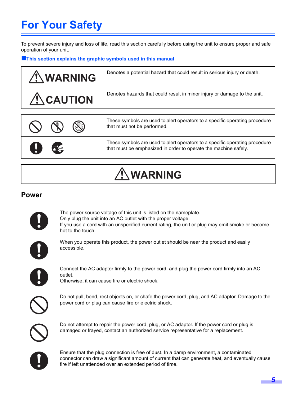 For your safety, Warning caution warning | Panasonic KV-S1020C User Manual | Page 5 / 46