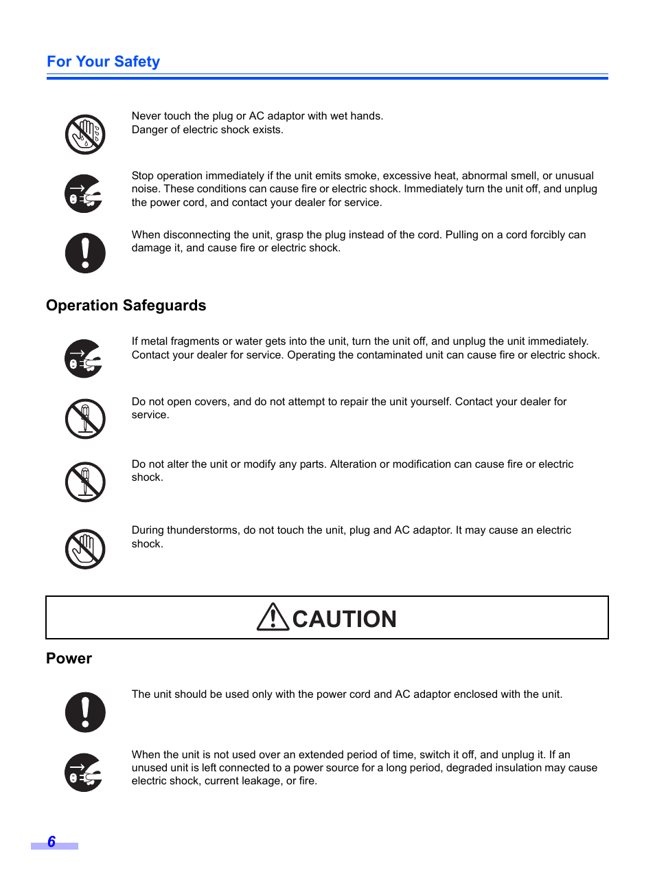 Caution, For your safety 6 operation safeguards power | Panasonic KV-S1020C User Manual | Page 6 / 46