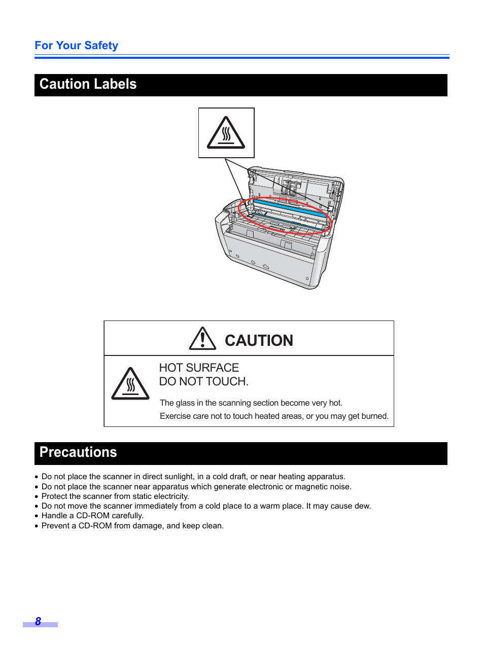 Caution, Caution labels precautions | Panasonic KV-S1020C User Manual | Page 8 / 46