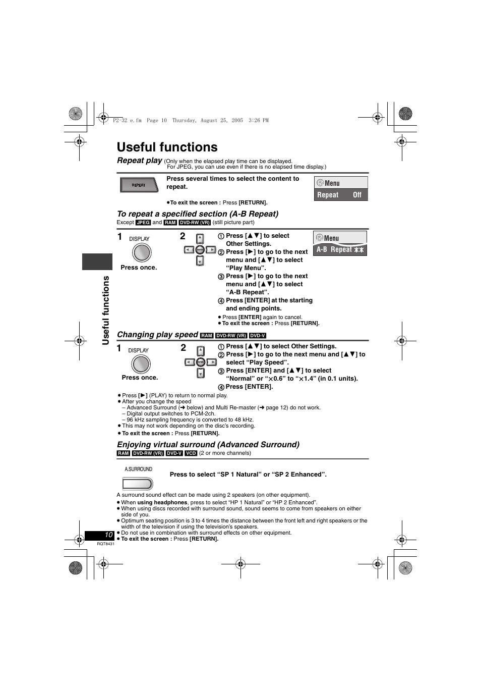 Useful functions, Usef ul f uncti ons, Repeat play | Changing play speed, Enjoying virtual surround (advanced surround) | Panasonic DVD-LS87 User Manual | Page 10 / 28