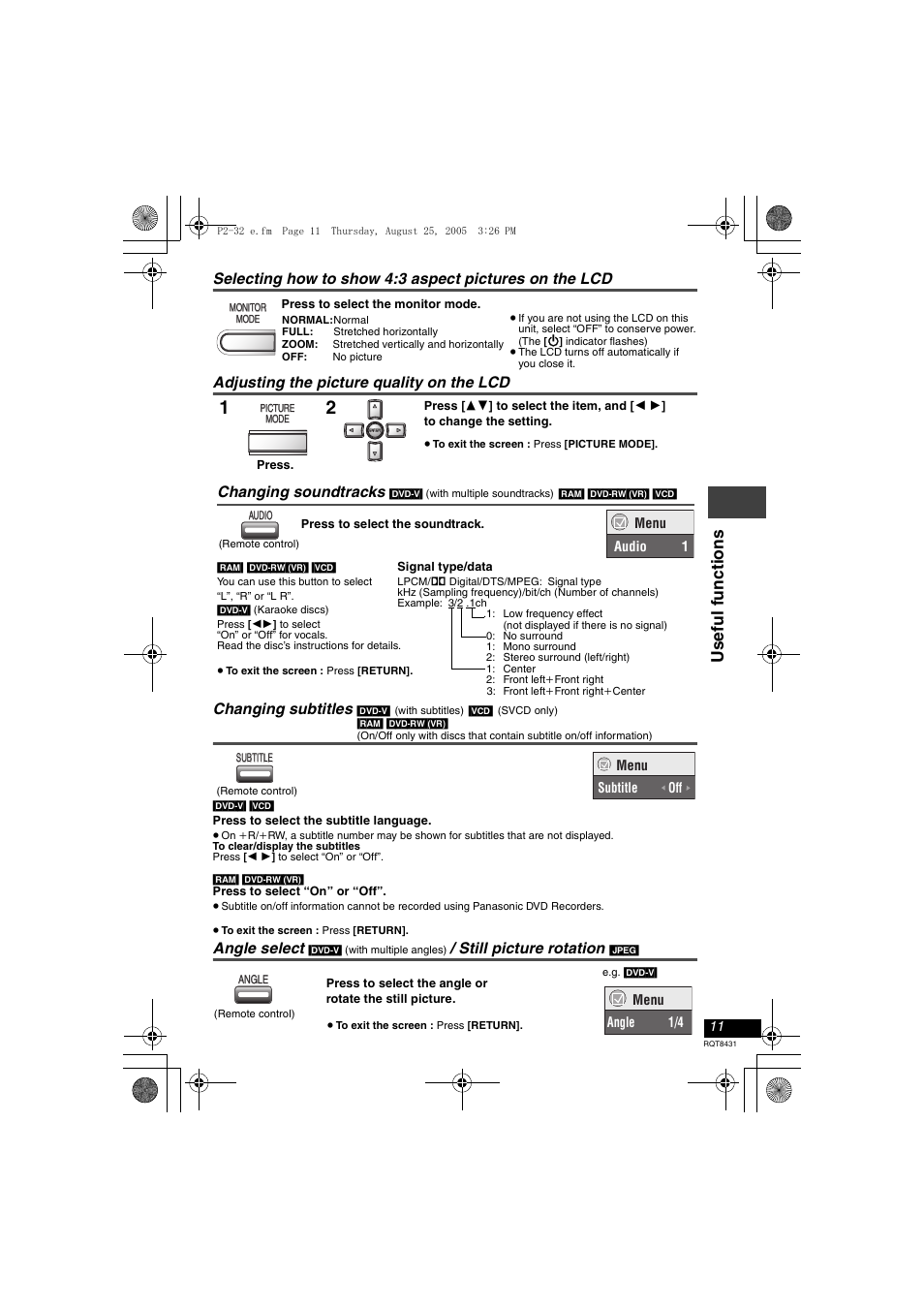 Usef ul f uncti ons, Angle select, Still picture rotation | Changing soundtracks | Panasonic DVD-LS87 User Manual | Page 11 / 28