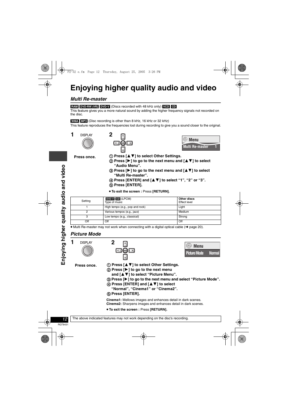 Enjoying higher quality audio and video, Enj o ying hi gher quali ty audi o and vi deo, Multi re-master | Picture mode | Panasonic DVD-LS87 User Manual | Page 12 / 28