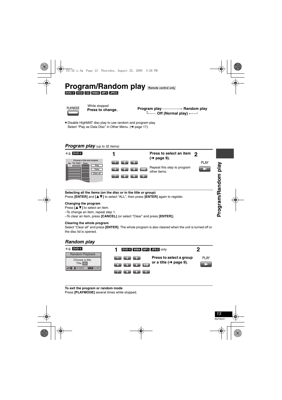 Program/random play, Pr o g ram/random pla y, Program play | Random play | Panasonic DVD-LS87 User Manual | Page 13 / 28