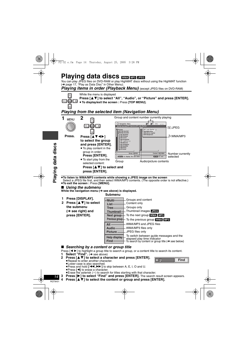 Playing data discs, Pl a y ing dat a di scs, Playing items in order (playback menu) | Playing from the selected item (navigation menu) | Panasonic DVD-LS87 User Manual | Page 14 / 28