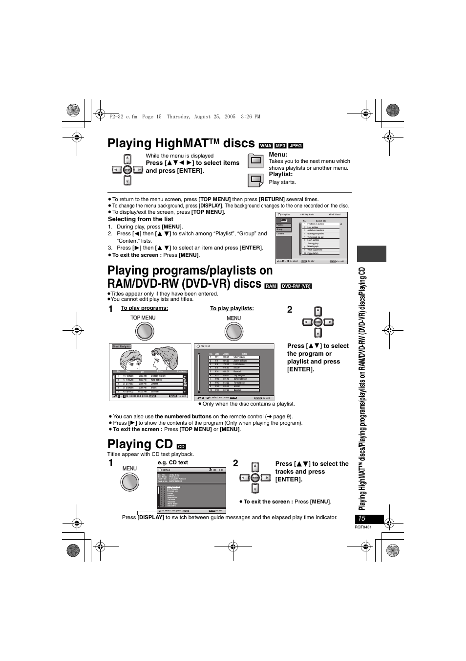 Playing highmat, Discs, Playing programs/playlists on | Ram/dvd-rw (dvd-vr) discs, Playing cd, Playlist, Selecting from the list, Press [ 34 ] to select the tracks and press [enter | Panasonic DVD-LS87 User Manual | Page 15 / 28