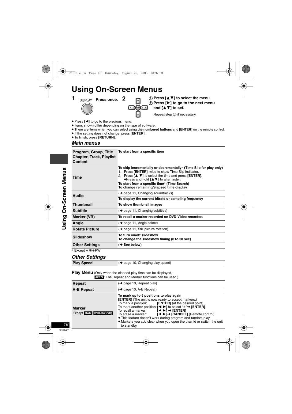 Using on-screen menus, Usi ng o n -s cree n men u s, Main menus | Other settings | Panasonic DVD-LS87 User Manual | Page 16 / 28