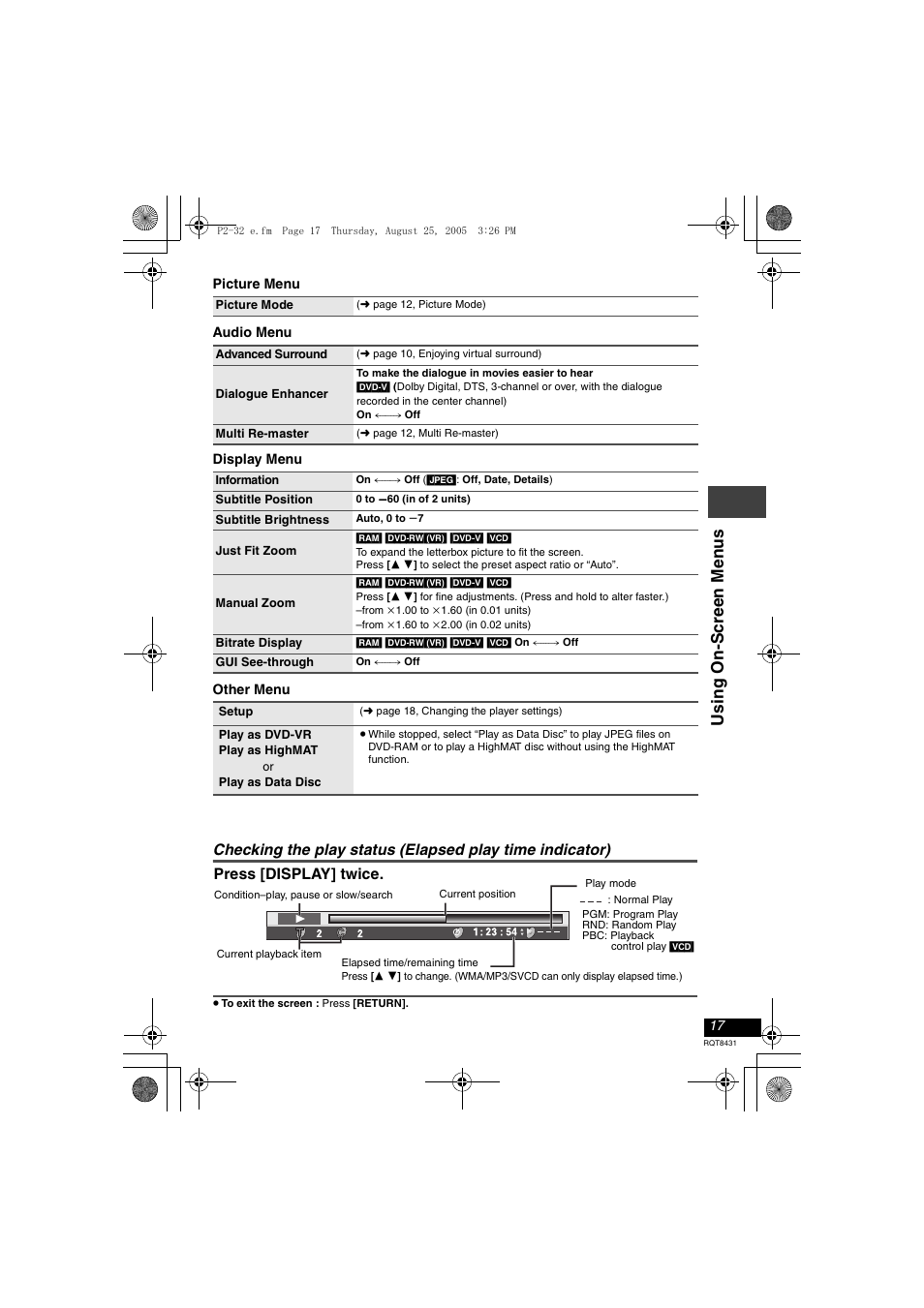 Usi ng o n -s cree n men u s | Panasonic DVD-LS87 User Manual | Page 17 / 28