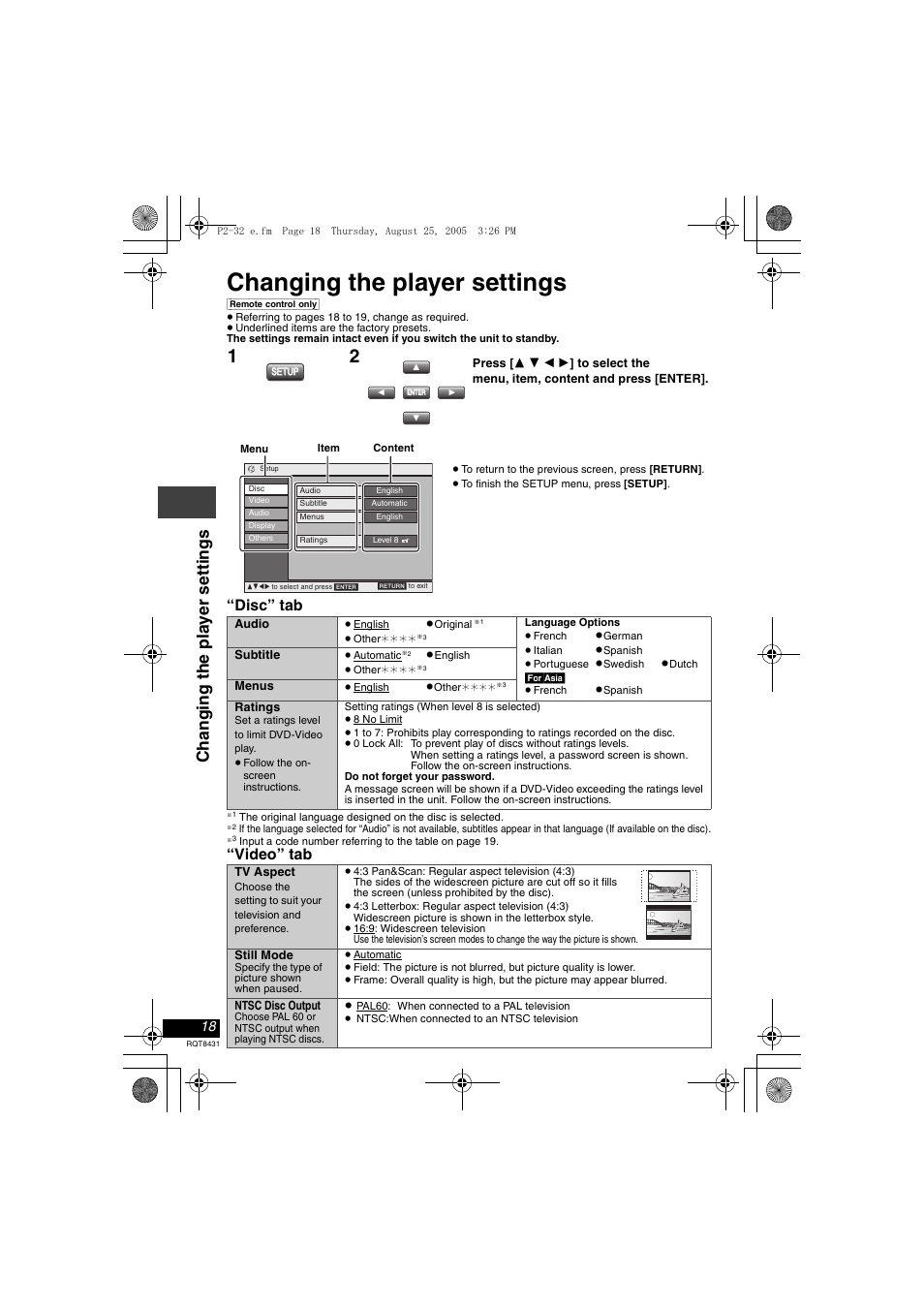 Changing the player settings, Changi ng t he pla y er set ti ngs, Disc” tab | Video” tab | Panasonic DVD-LS87 User Manual | Page 18 / 28