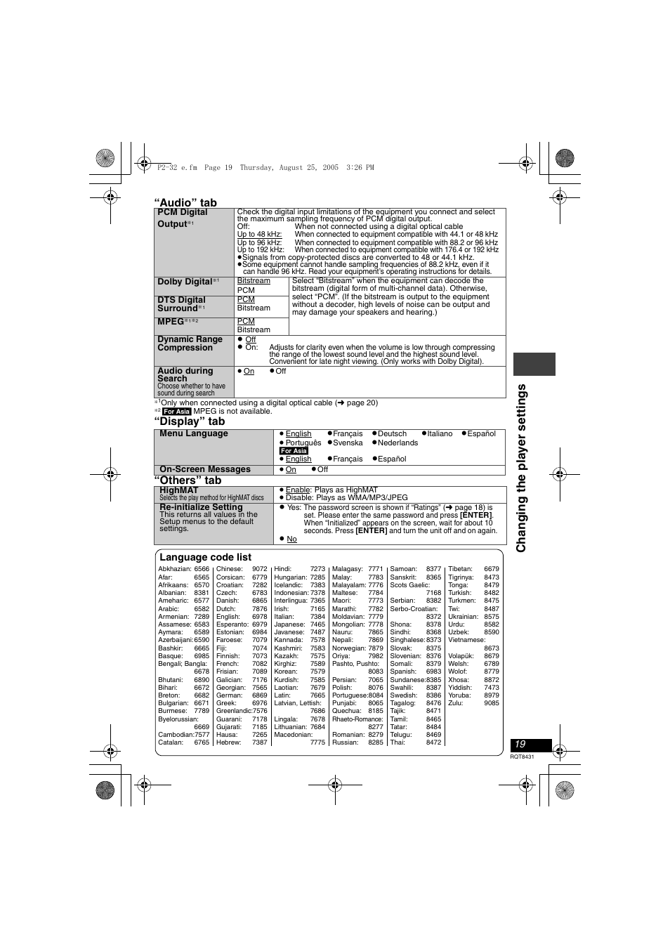 Changi ng t he pla y er set ti ngs, Audio” tab, Display” tab “others” tab | Language code list | Panasonic DVD-LS87 User Manual | Page 19 / 28