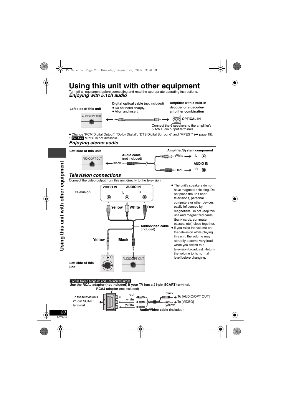 Using this unit with other equipment, Usi ng t h is uni t wit h ot her equi pm e n t, Enjoying with 5.1ch audio | Enjoying stereo audio television connections | Panasonic DVD-LS87 User Manual | Page 20 / 28