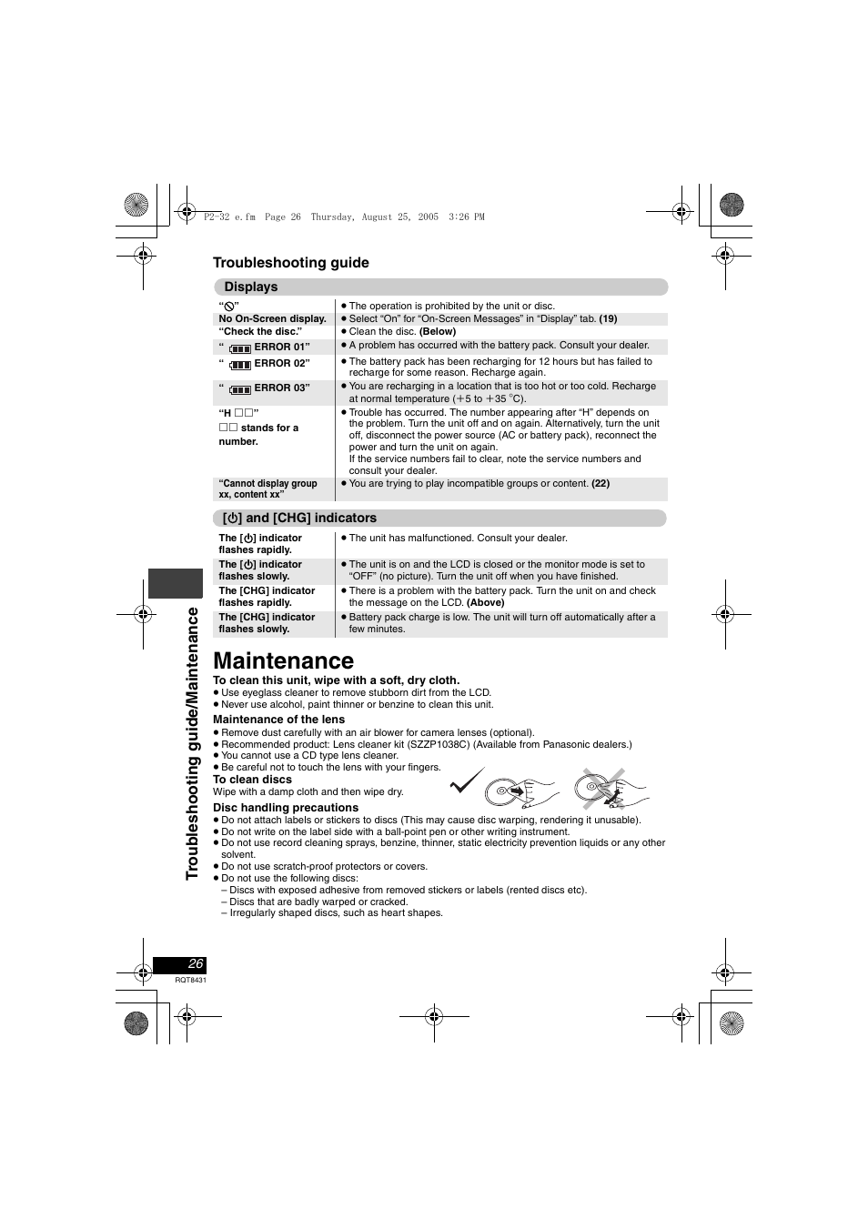 Maintenance, Troub lesho oti ng gui de/ m a in tenance | Panasonic DVD-LS87 User Manual | Page 26 / 28