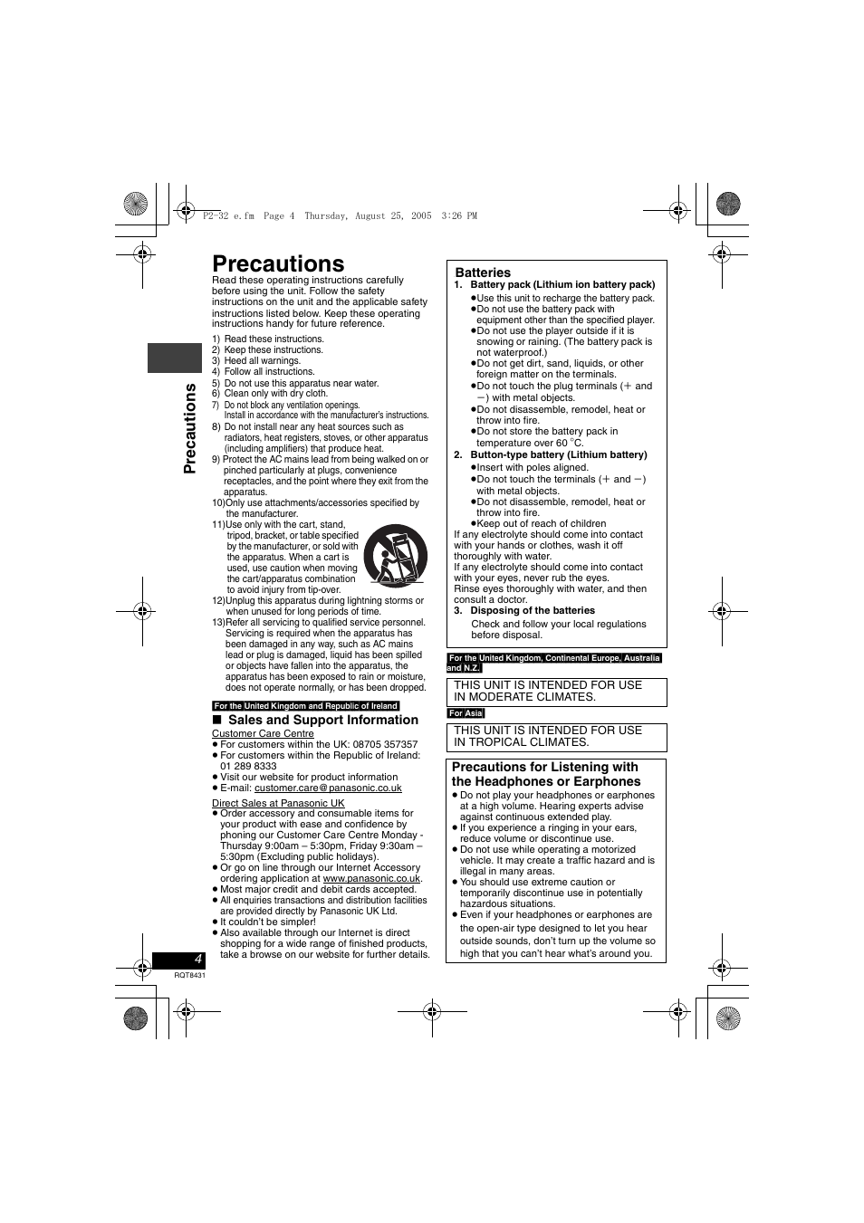 Precautions, Pr ecaut ions | Panasonic DVD-LS87 User Manual | Page 4 / 28