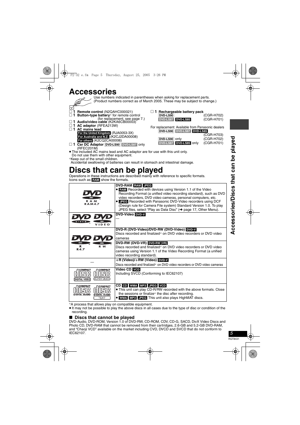 Accessories, Discs that can be played, Accesso rie s /di scs t hat can be pla y ed | Panasonic DVD-LS87 User Manual | Page 5 / 28