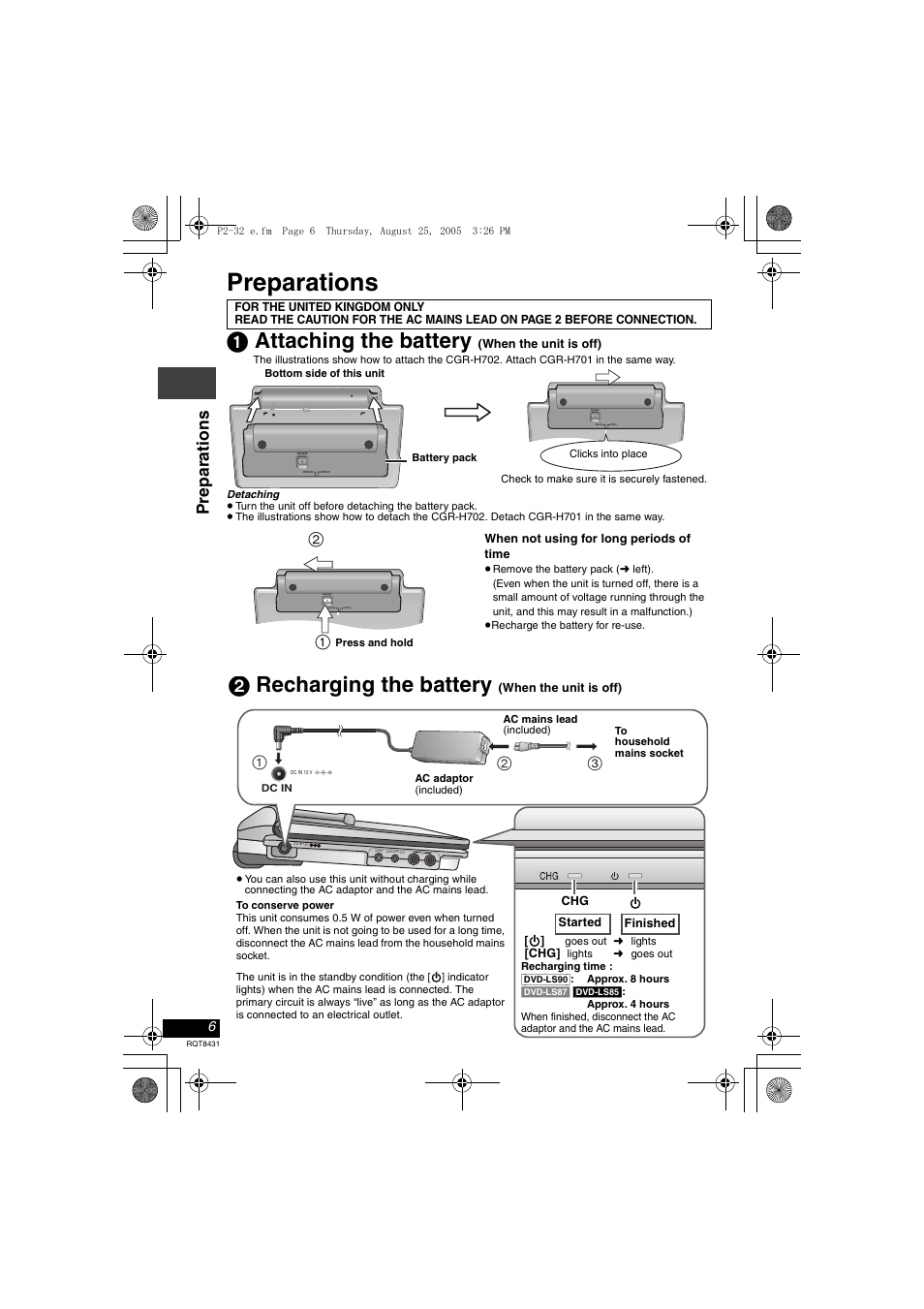 Preparations, 1 attaching the battery, 2 recharging the battery | Pre parat ions | Panasonic DVD-LS87 User Manual | Page 6 / 28