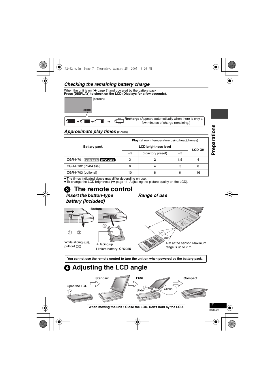 3 the remote control 4 adjusting the lcd angle, Prep arat ions, Checking the remaining battery charge | Approximate play times | Panasonic DVD-LS87 User Manual | Page 7 / 28