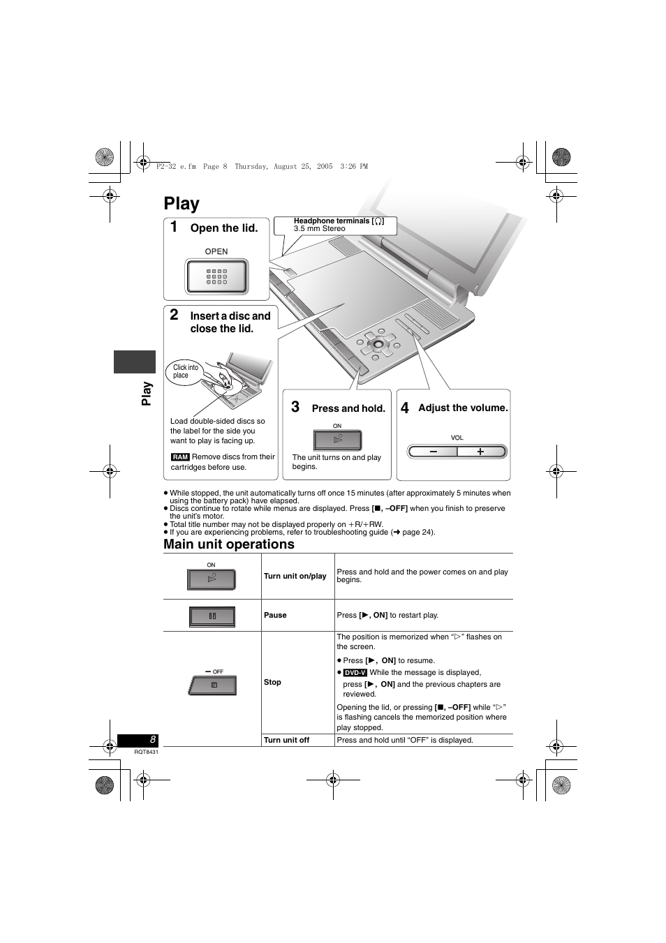 Play, Main unit operations, Pla y | Panasonic DVD-LS87 User Manual | Page 8 / 28