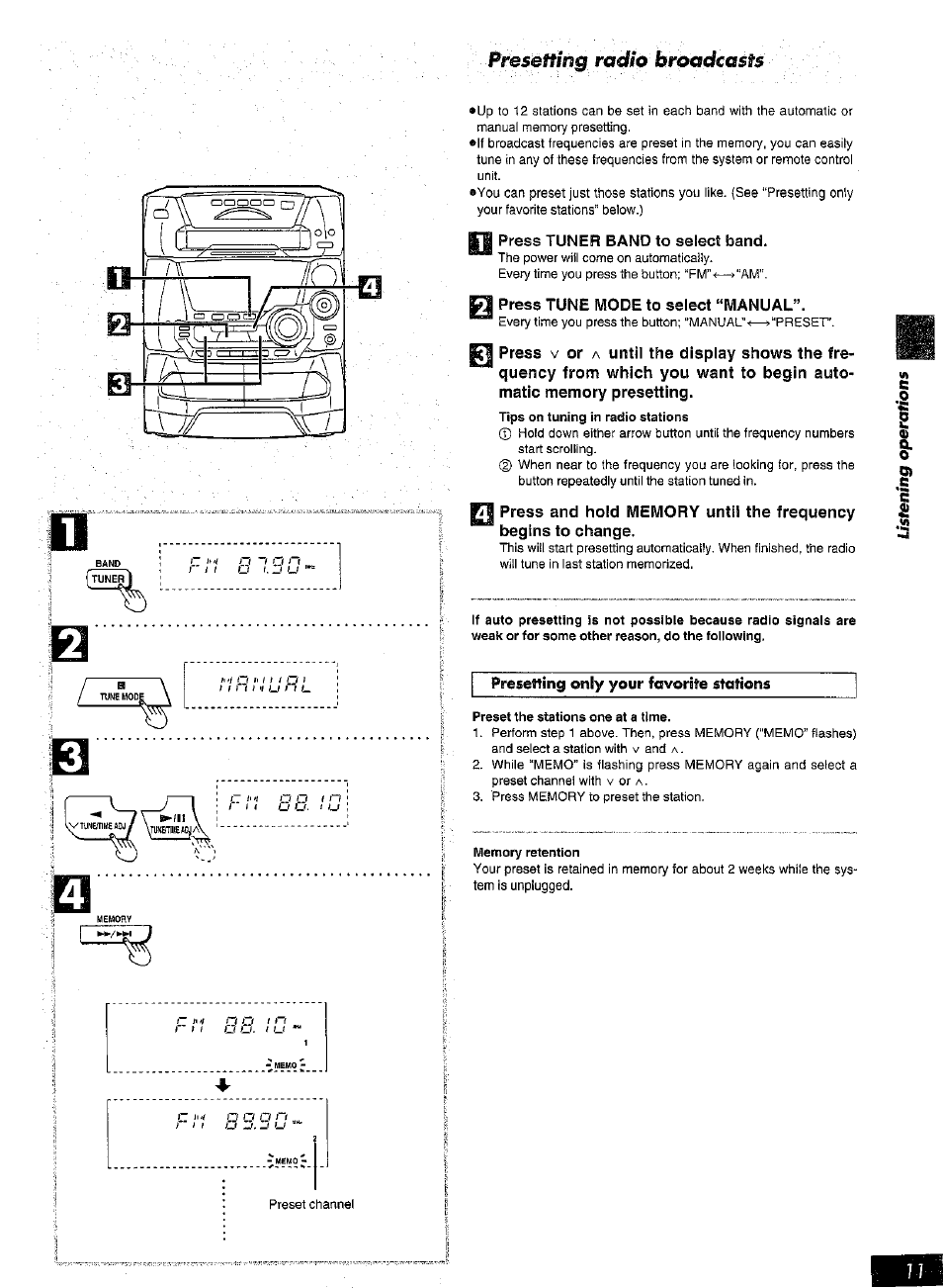 Press tuner band to select band, Press tune mode to select “manual, Presetting only your favorite stations | Pressing radio broadcasts, R* i | Panasonic SC-AK25 User Manual | Page 11 / 36
