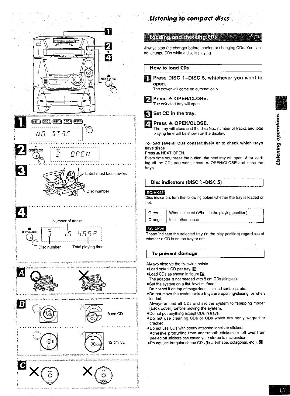 How to load cds, Press disc 1-disc 5, whichever you want to open, Press a open/close | Set cd in the tray, Press ^ open/close, Disc indicators (disc 1-disc 5), To prevent damage, Lisfemng fo compact discs, Set cd in the tray. press ^ open/close, Ak45 | Panasonic SC-AK25 User Manual | Page 13 / 36