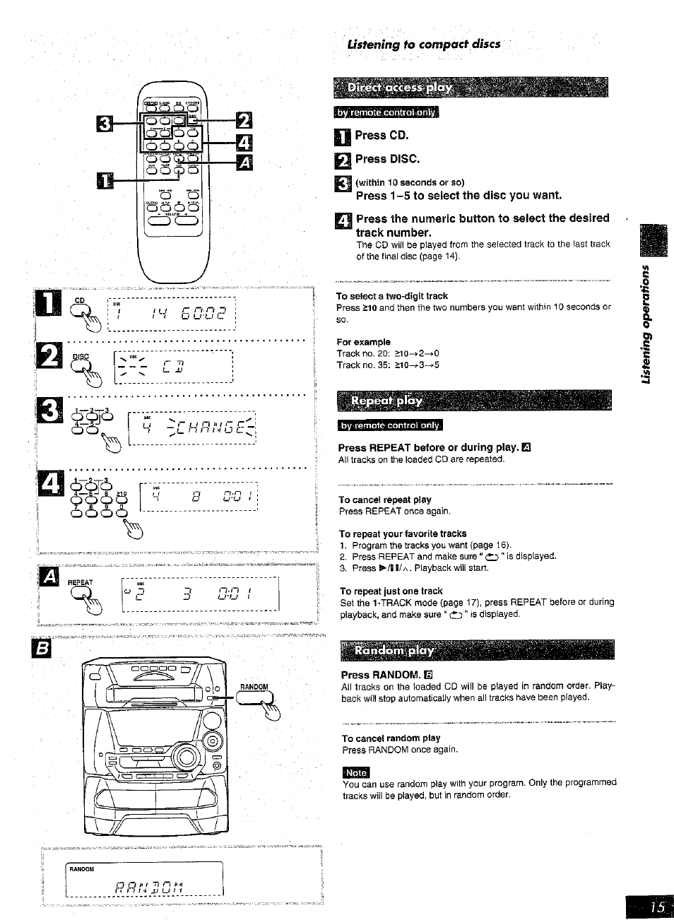 B press disc, Press 1-5 to select the disc you want, Press repeat before or during play. e | Press random. e | Panasonic SC-AK25 User Manual | Page 15 / 36