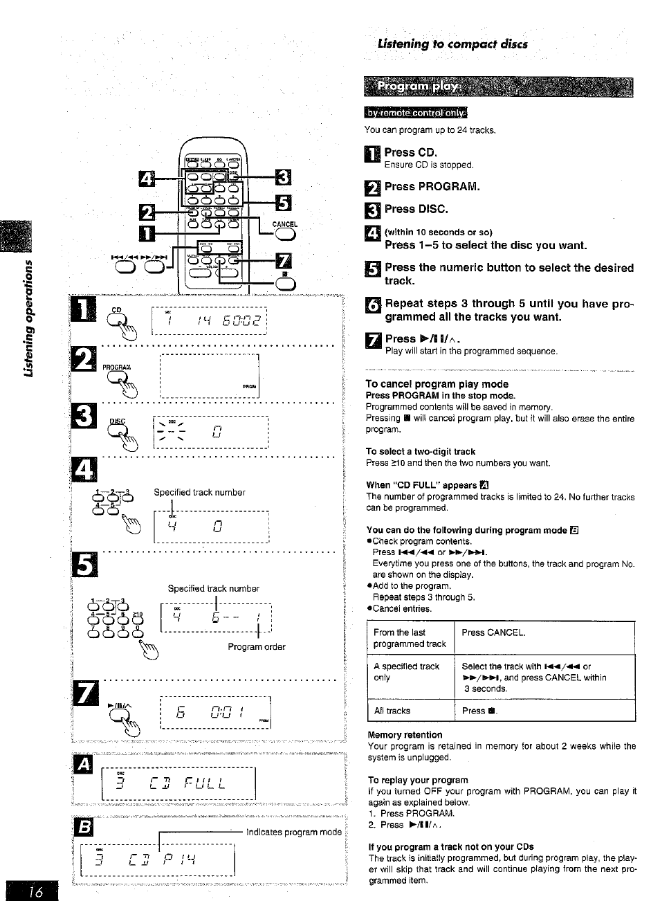 Press cd, Press program, Press disc | Press 1-5 to select the disc you want, To cancel program play mode, 6*6j6, S65 6 * i i, M-rj, Press program. press disc | Panasonic SC-AK25 User Manual | Page 16 / 36