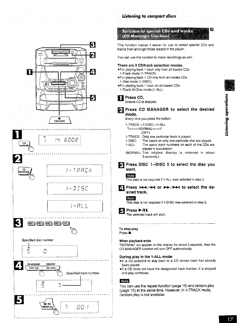 There are 3 cd/track selection modes, Press cd, Press cd manager to select the desired mode | Press disc 1-dtsc 5 to select the disc you want, J« press or ►►/►w to select the de, Sired track, Press ^/18, During play in the 1-all mode, 0> .s c, J« press or ►►/►w to select the de sired track | Panasonic SC-AK25 User Manual | Page 17 / 36