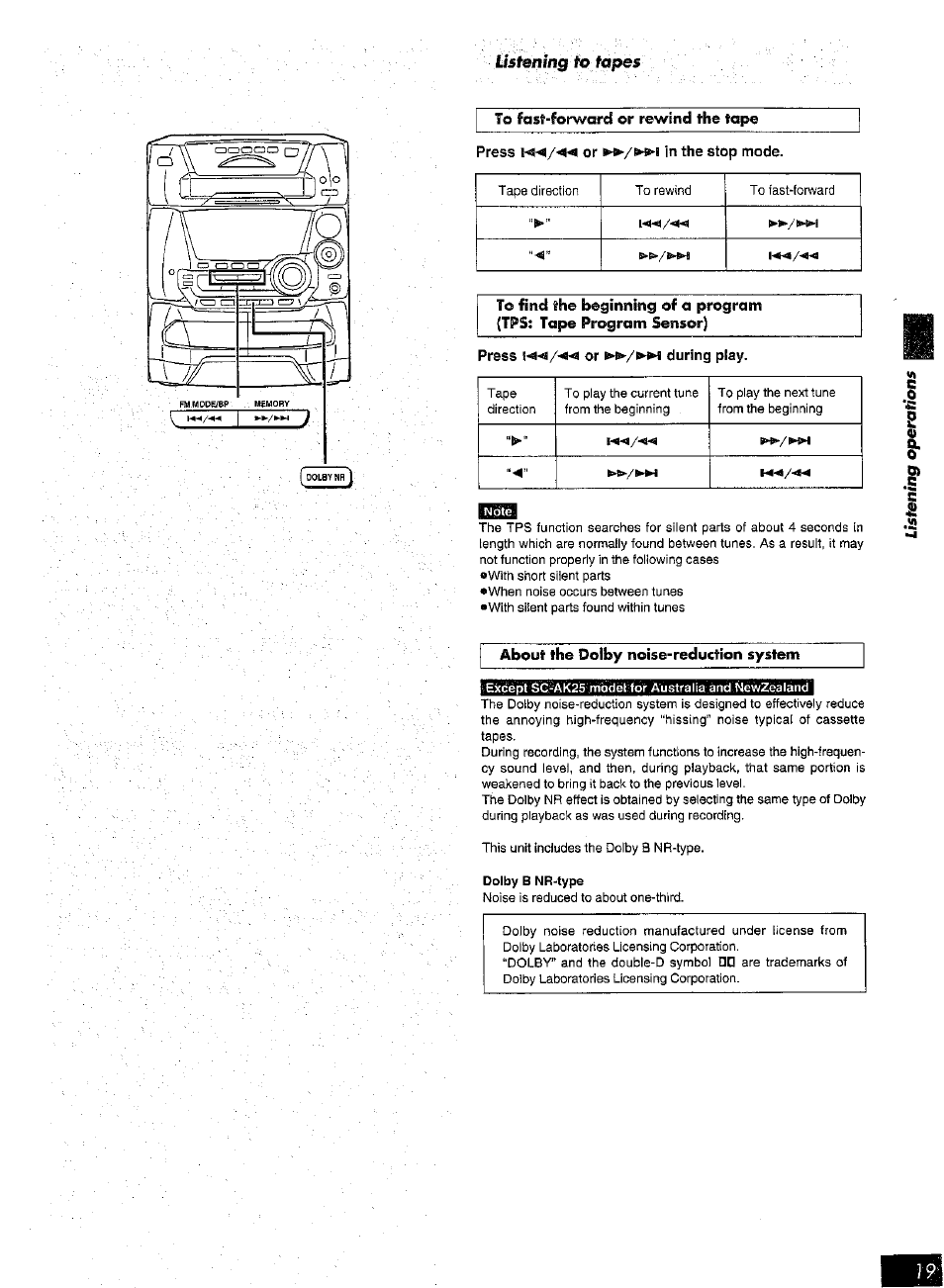 Press k</« or in the stop mode, Press i-^/« or »/»i during play | Panasonic SC-AK25 User Manual | Page 19 / 36