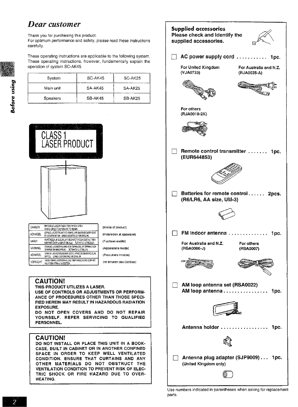 Ac power supply cord 1 pc, Remote controi transmitter (eur644853), 2pcs | Fm indoor antenna ipc, Am ioop antenna set (rsa0022), Antenna holder, Antenna plug adapter (sjp9009), Dear customer, Caution, 1pc. ipc | Panasonic SC-AK25 User Manual | Page 2 / 36