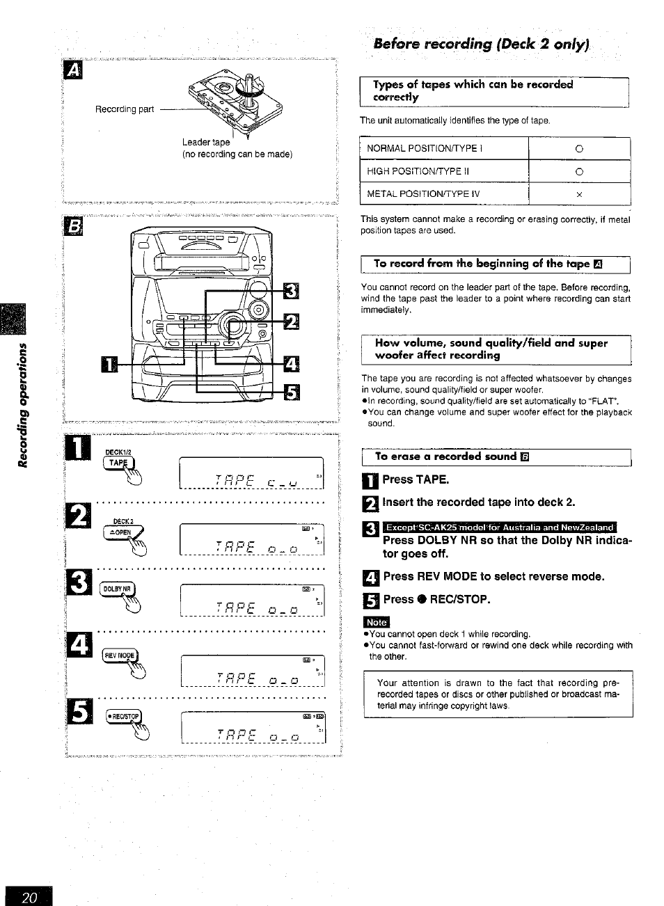 Press tape, Insert the recorded tape into deck 2 | Panasonic SC-AK25 User Manual | Page 20 / 36
