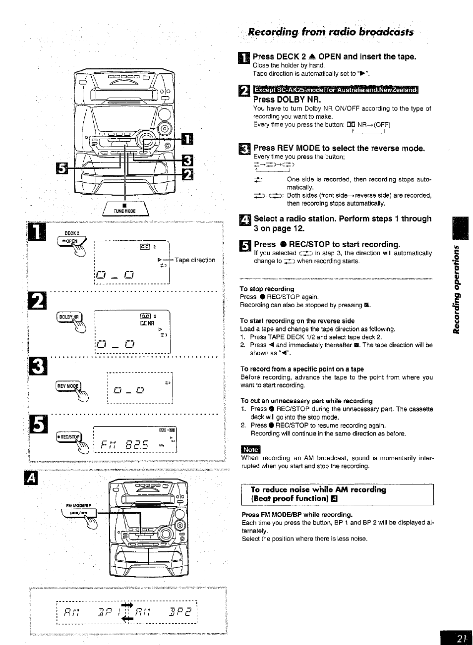 Press deck 2 ^ open and insert the tape, Press dolby nr, Press rev mode to select the reverse mode | Press a rec/stop to start recording | Panasonic SC-AK25 User Manual | Page 21 / 36
